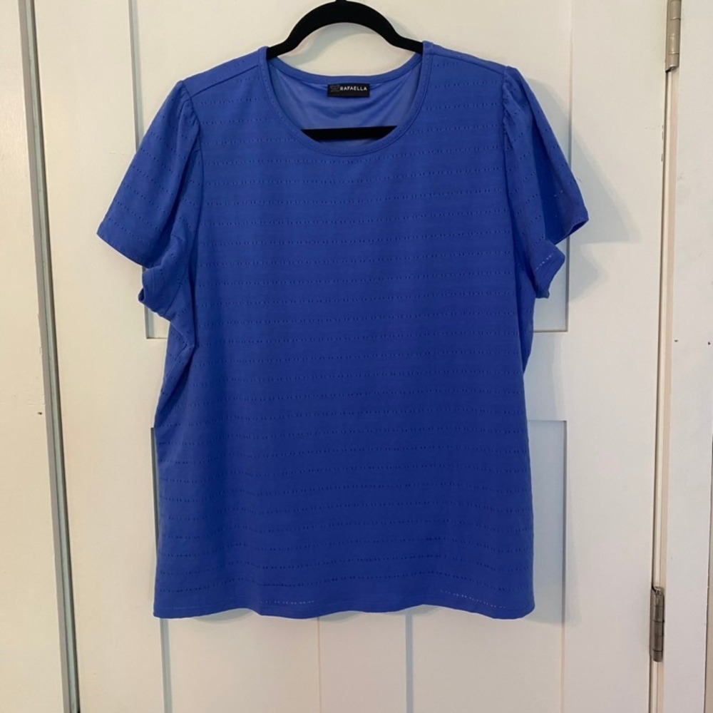 Rafaella Womens Blue Pointelle Short Sleeve Puff Shoulder Lined Top XXL  Coastal
